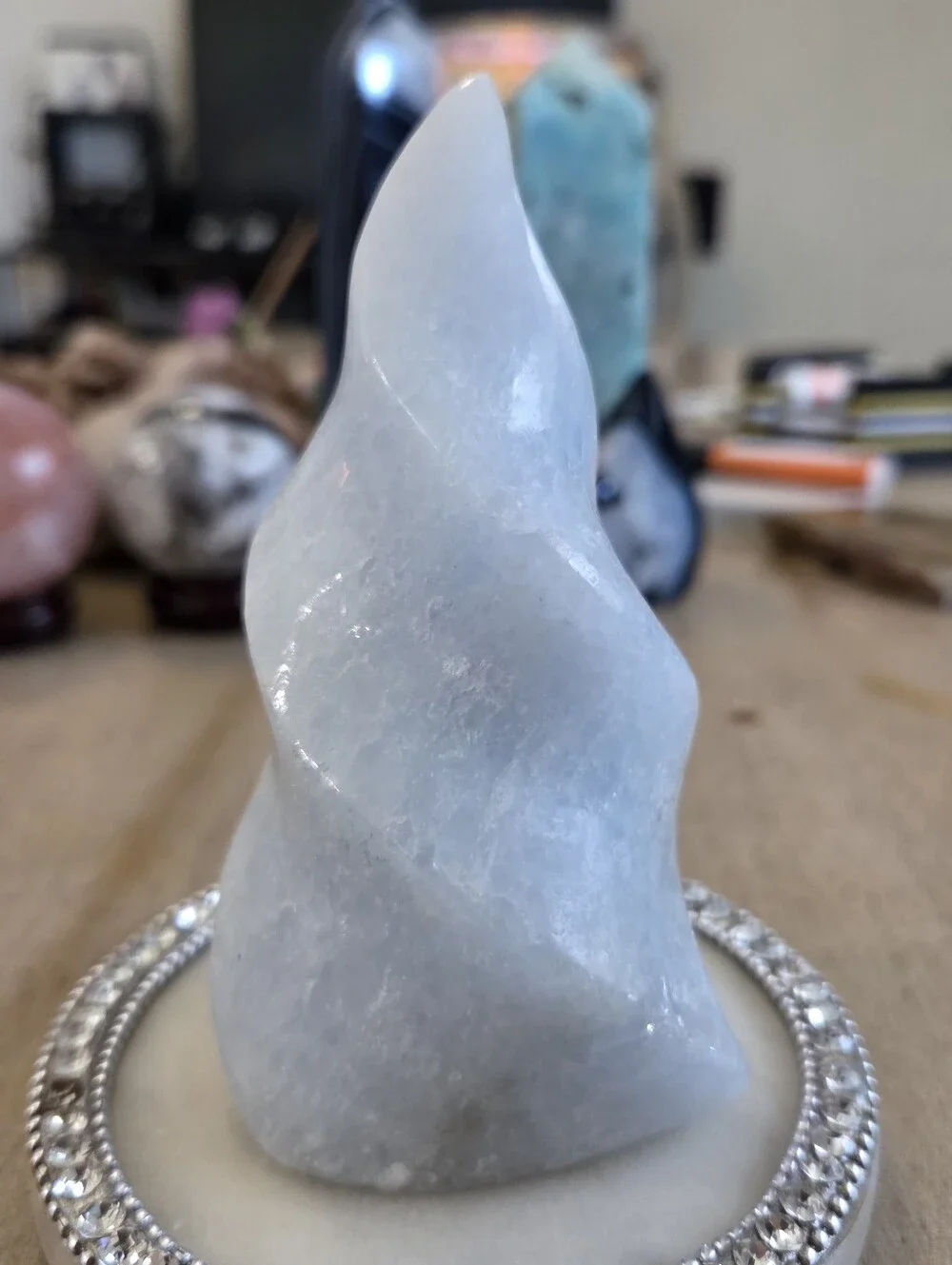 Natural Blue Celestite Crystal Carved Torch Flame Tower New #3